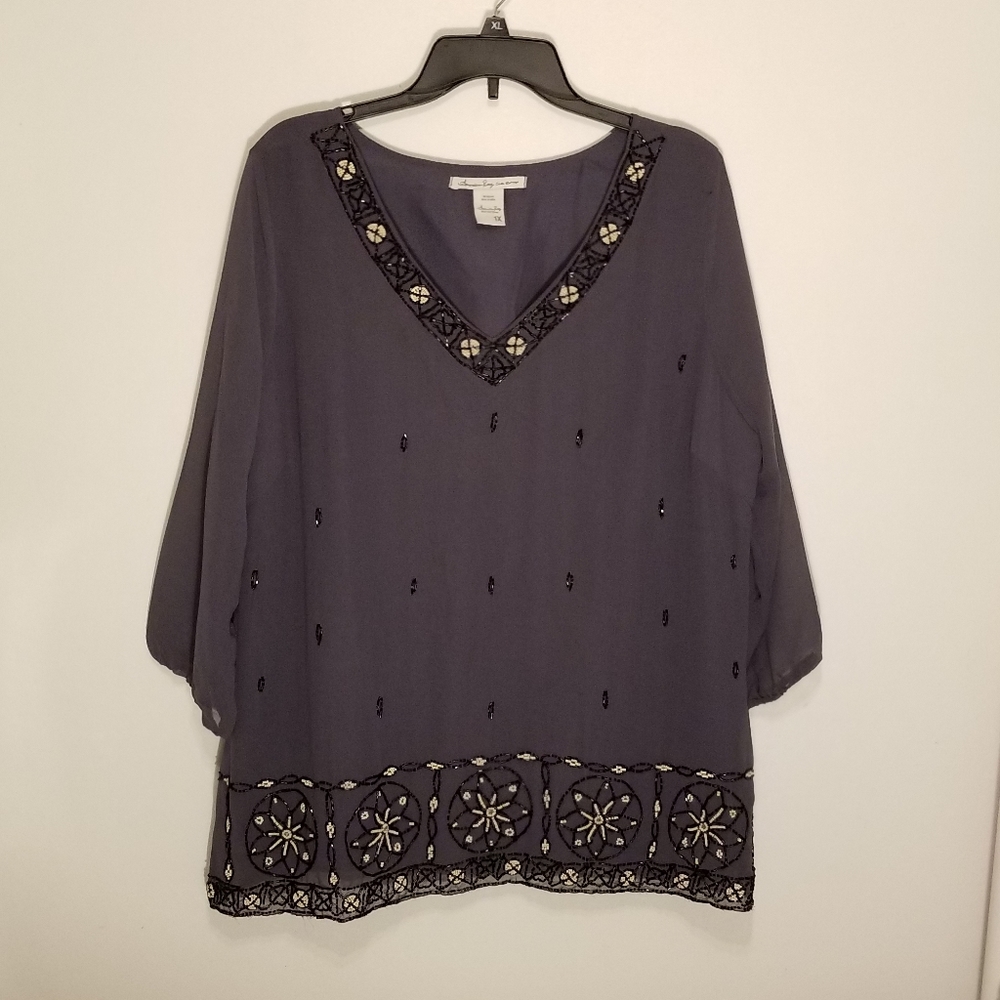 Dark blue beaded American Rag lined top. Size 1X.